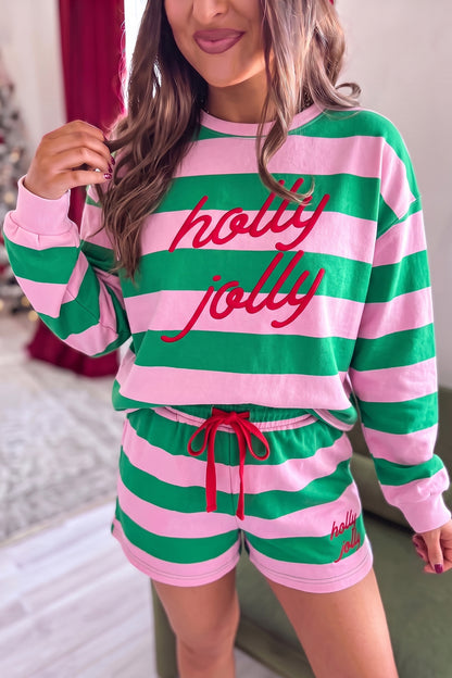 Pink Stripe Holly Jolly Embroidery Pullover Long Sleeve Two Piece Shorts Set