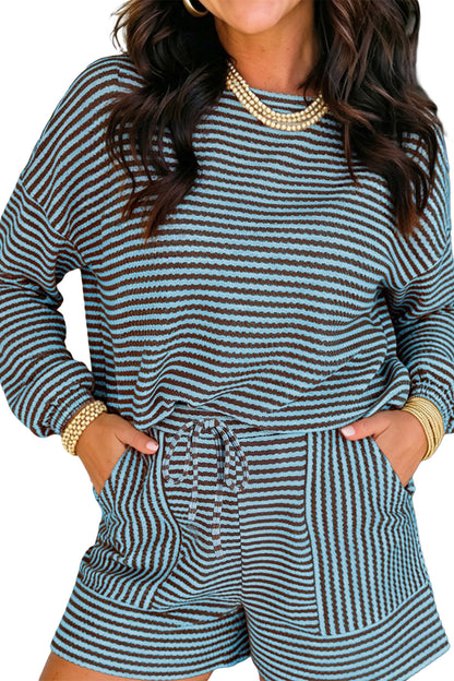 Sky Blue Stripe Textured Knit Long Sleeve Top Elastic Waist Shorts Casual Outfit