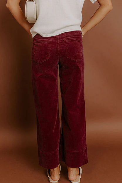 Vineyard Green Corduroy Solid Color High Waist Wide Leg Pants
