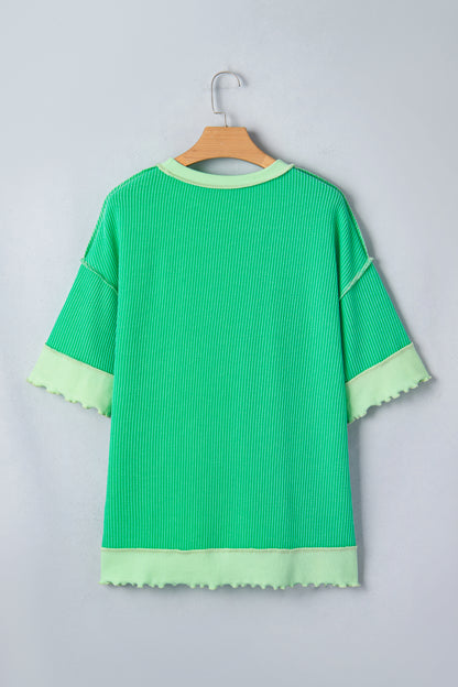 Mint Green Loose Uneven Hem Twist Ribbed T Shirt