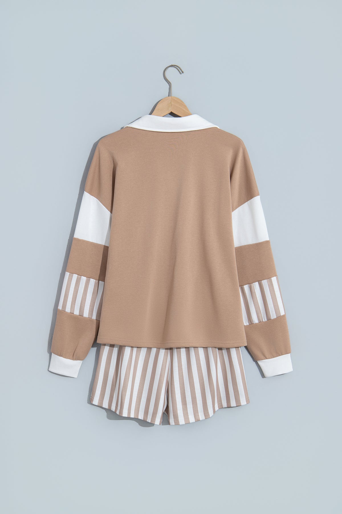 Smoke Gray Striped Color Block Pullover Top Drawstring Shorts Set