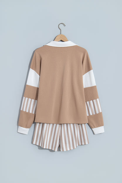 Smoke Gray Striped Color Block Pullover Top Drawstring Shorts Set