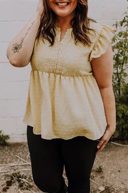 Haut babydoll grande taille en polaire dorée avec bordure en dentelle à pois et col fendu