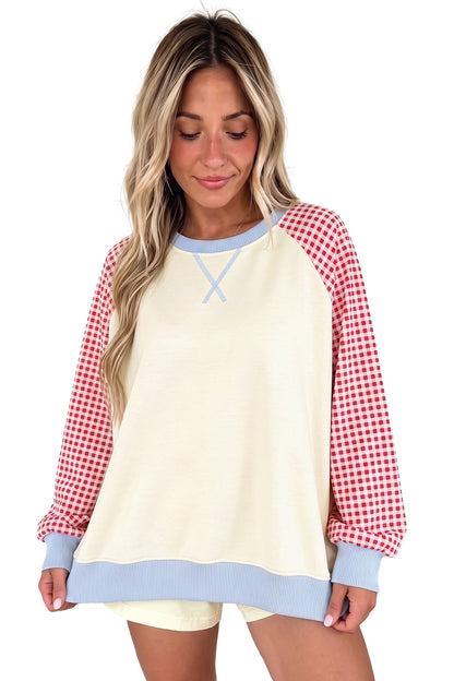 Beige Plaid Sleeve Colorblock Raglan Pullover Sweatshirt