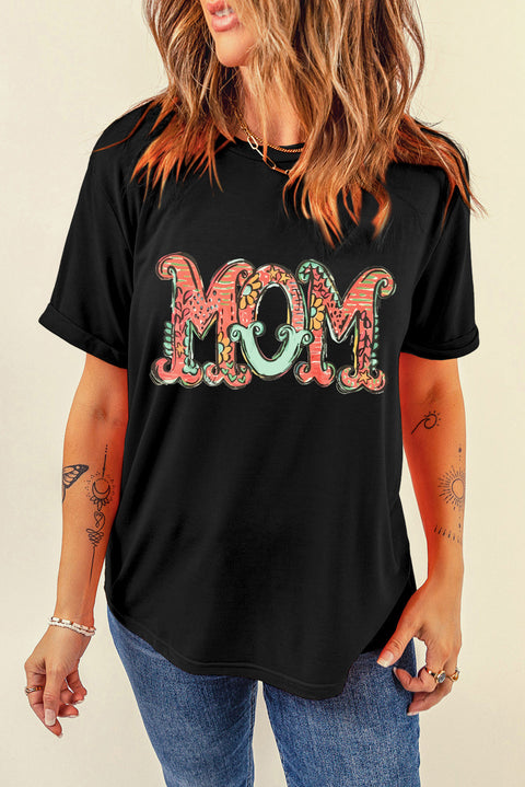 Black Floral MOM Graphic T Shirt