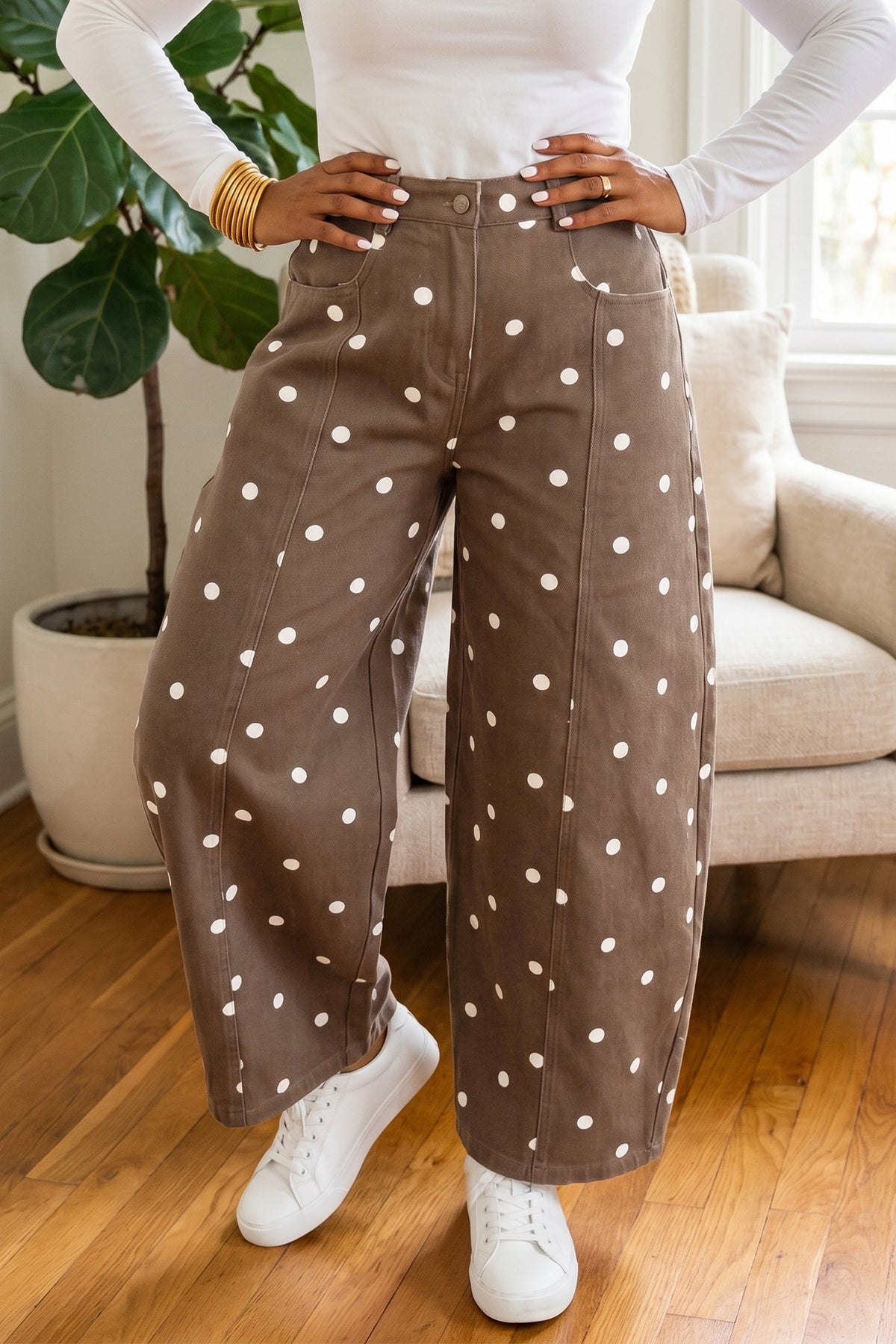 Pink Tailored Seam Polka Dot Print Ankle Length Casual Jeans