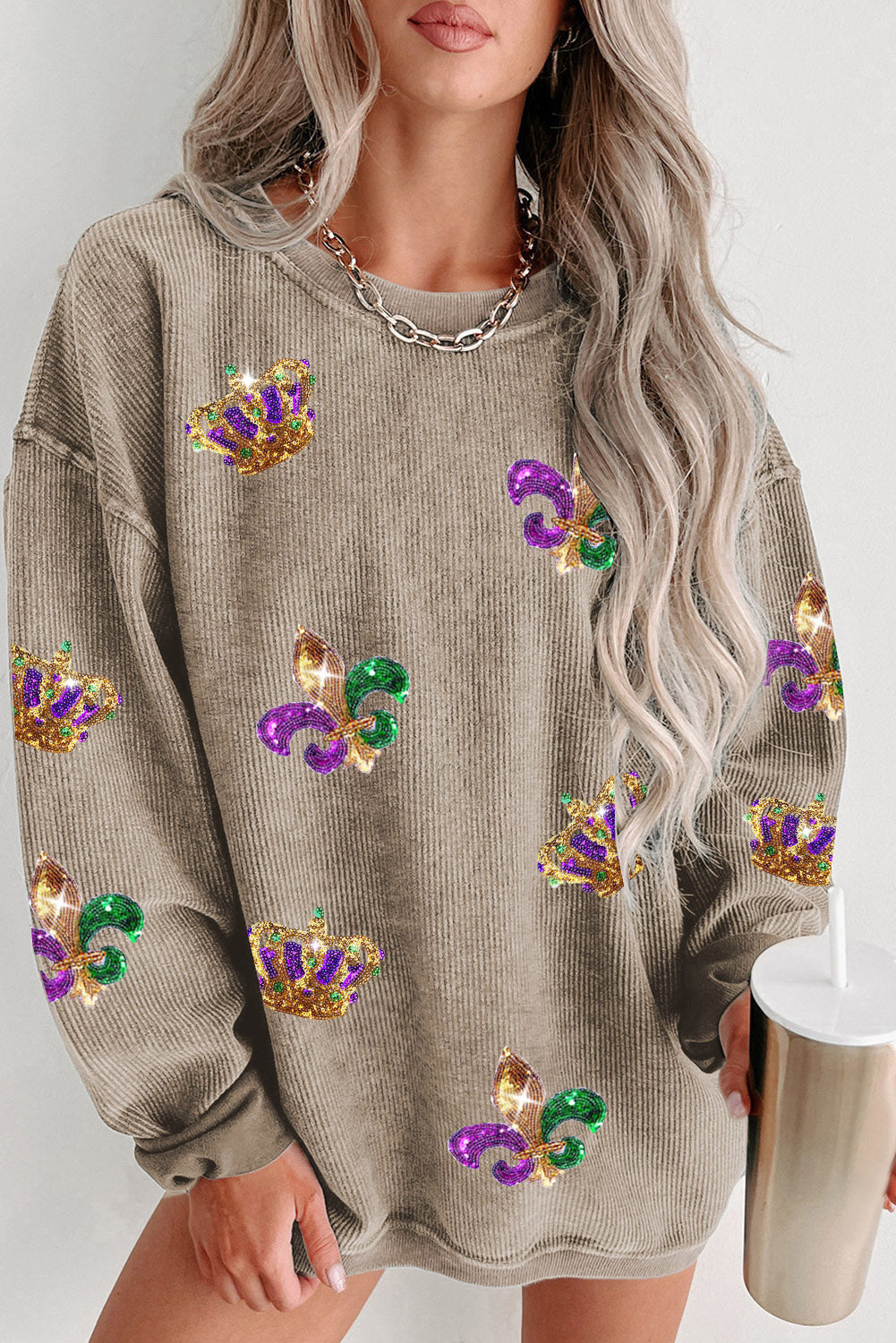 Khaki Carnival Sequin Crown Fleur De Lis Corded Sweatshirt
