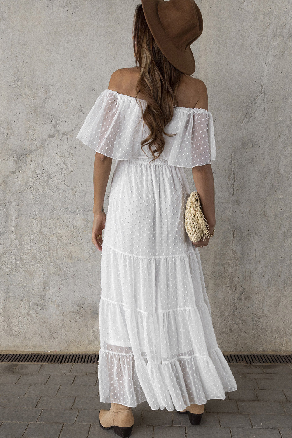 Yellow Yellow Off Shoulder Ruffle Swiss Dot Maxi Dress