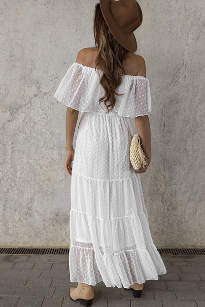 Yellow Yellow Off Shoulder Ruffle Swiss Dot Maxi Dress