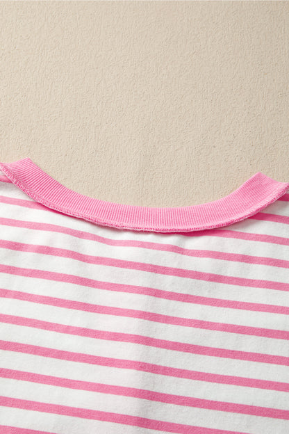 Pink Stripe Half Placket High Low Short Sleeve Top
