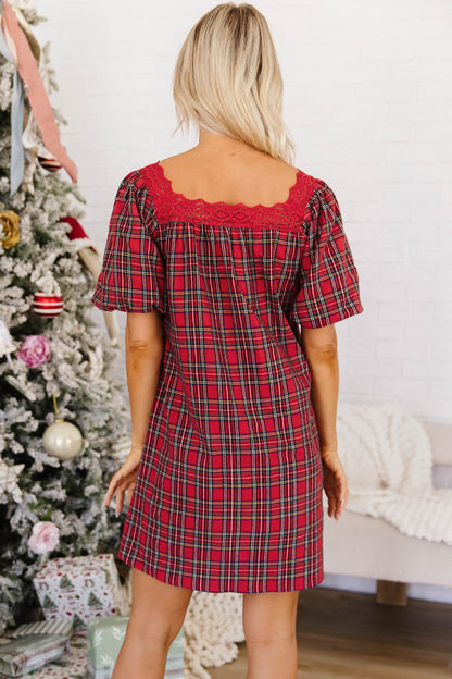 Red Plaid Square Collar Lace Trim Short Sleeve Shift Mini Dress