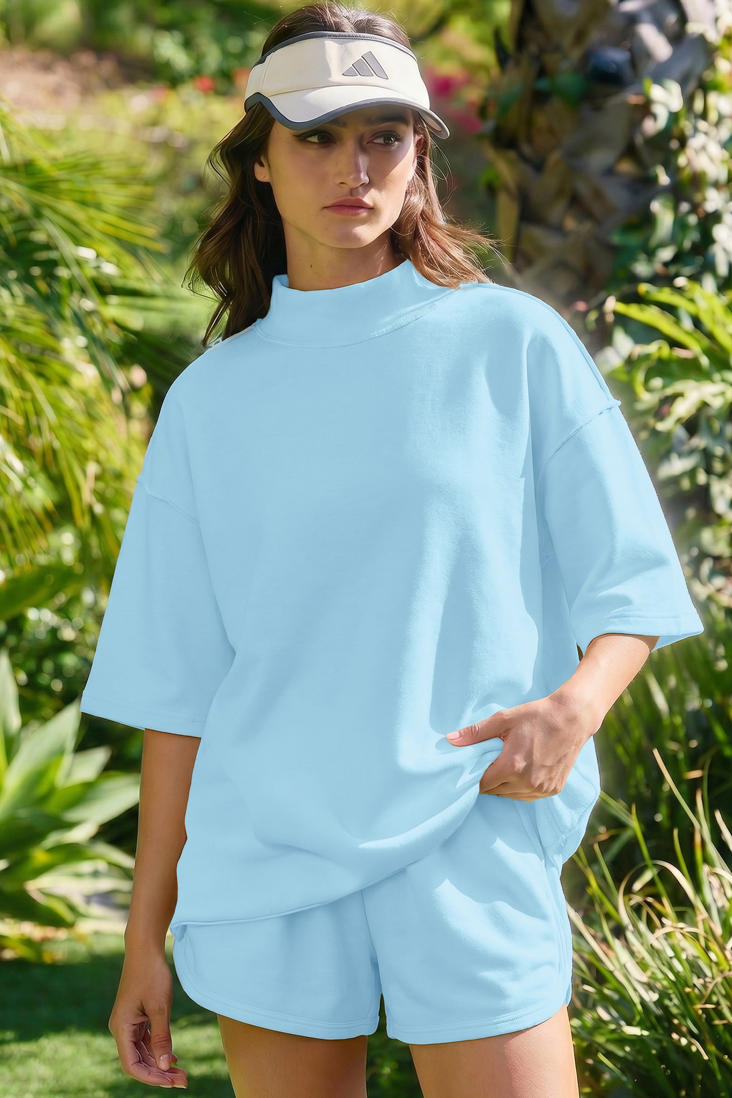 Mist Blue Solid Color Exposed Seam Mock Neck Oversize Tee Casual Shorts 2pcs Outfit