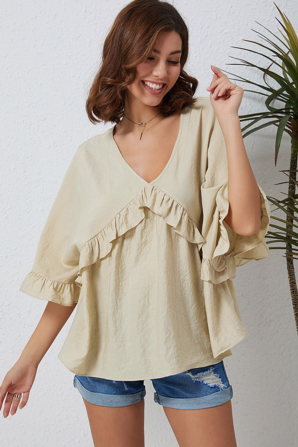 V Neck Draped Batwing Sleeve Ruffle Top