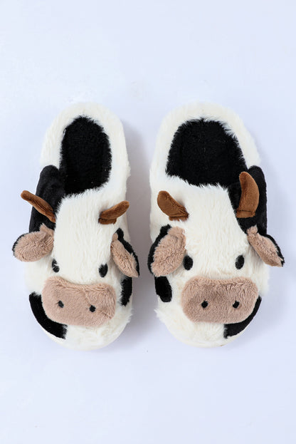 Chaussons blancs en peluche motif vache et animaux de dessin animé 