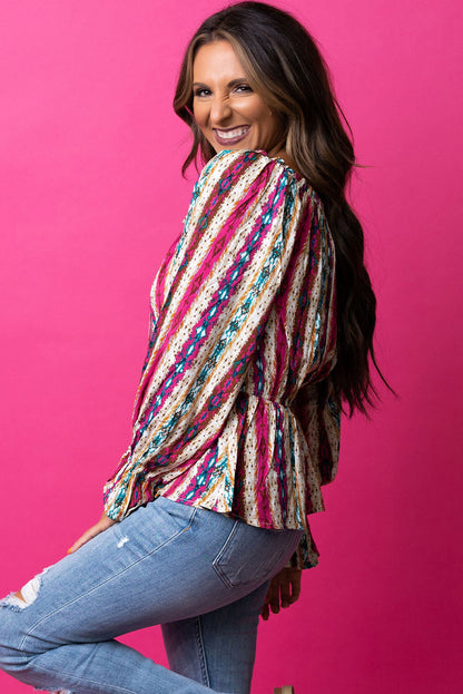 Chemisier péplum multicolore à col fendu et motif aztèque de l'Ouest 