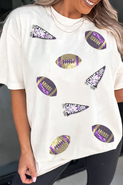 White Sequin Game Day Football Print T-Shirt