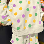 Multicolour Polka Dot Print Drop Shoulder Pullover Drawstring Shorts Set