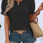 Black Solid Color Textured Notched Neck Puff Sleeve Blouse