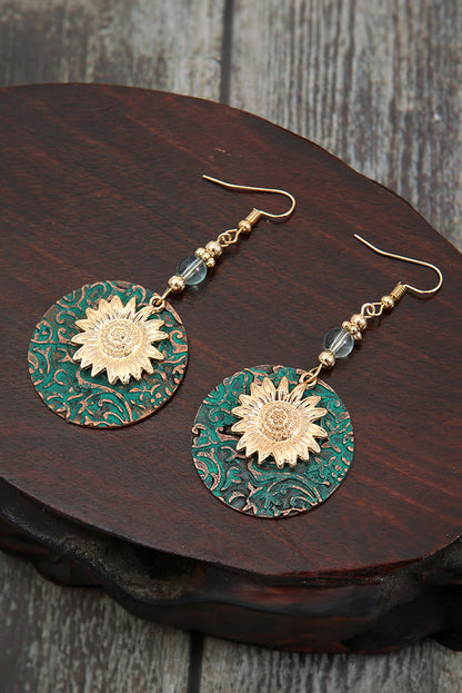 Real Teal Retro Sunflower Disc Alloy Dangle Earrings