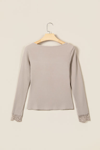 DUNE Solid Color Ribbed Lace Neck Long Sleeve Top