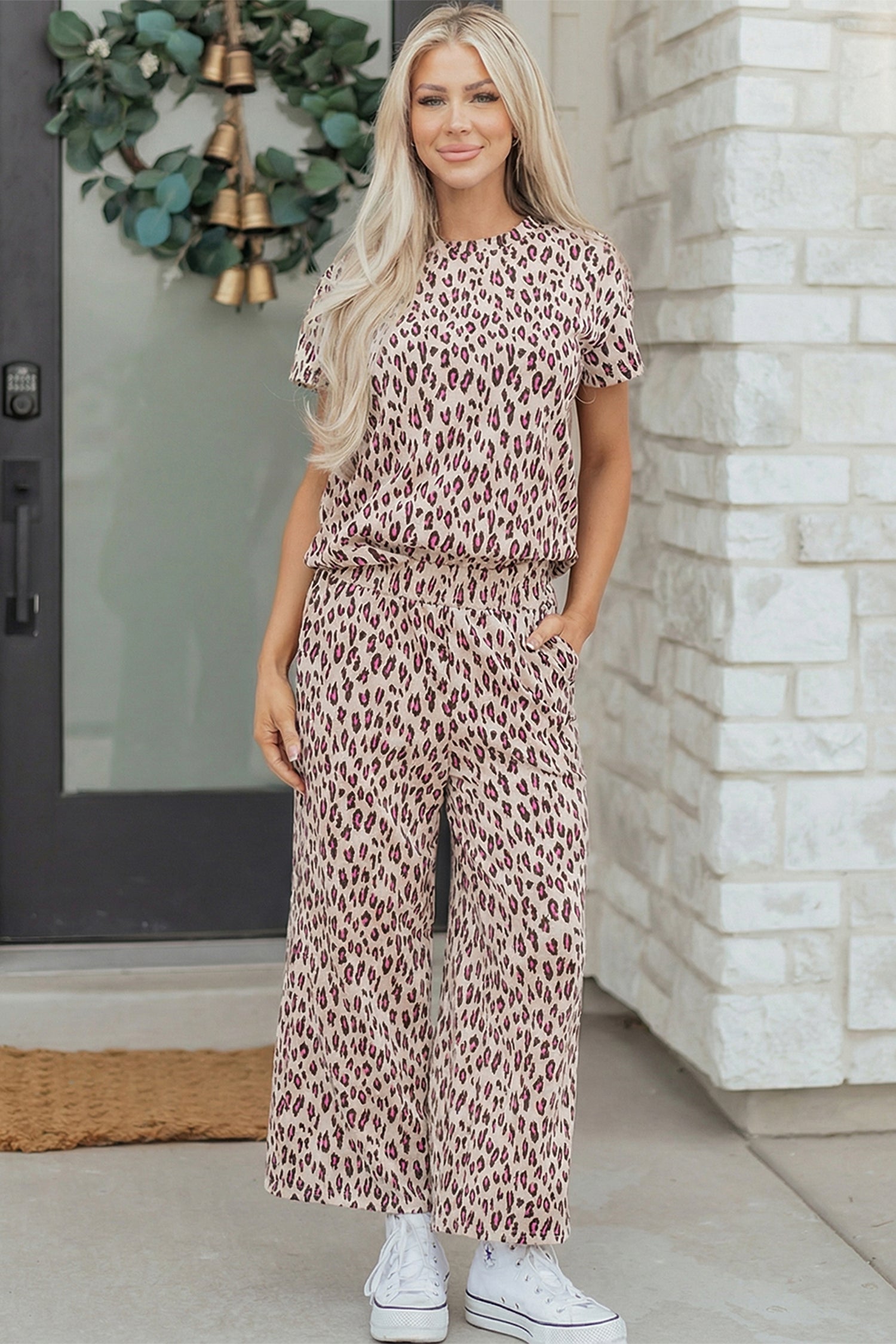Pink Leopard Print Casual Tee and Pants 2pcs Outfit