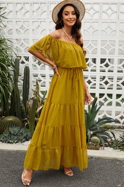 Yellow Yellow Off Shoulder Ruffle Swiss Dot Maxi Dress