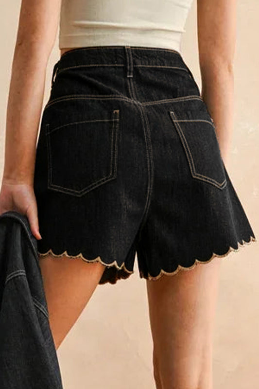 Black Embroidered Scalloped Trim Relaxed Denim Shorts