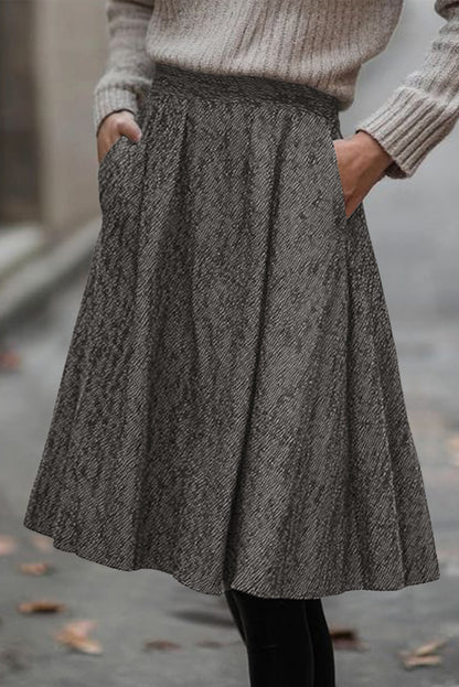 Dark Grey Solid Color Textured Pleated Midi Skirt