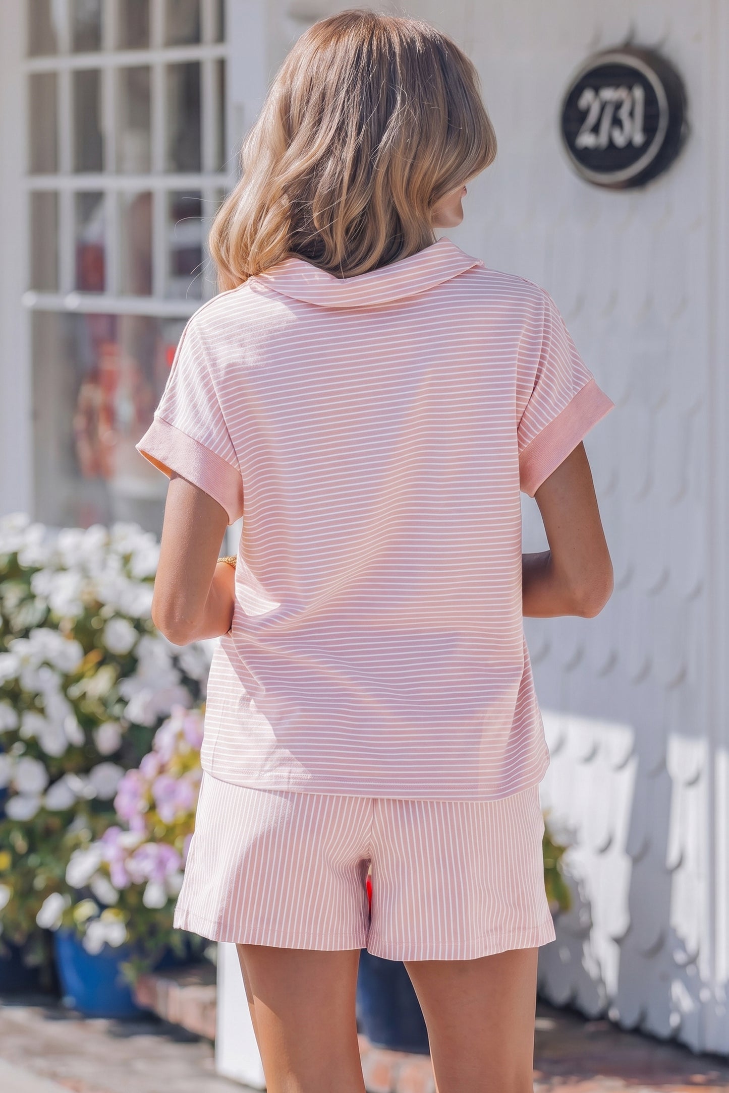 Sky Blue Stripe Dolman Sleeve Polo Shirt and Drawstring Shorts Set