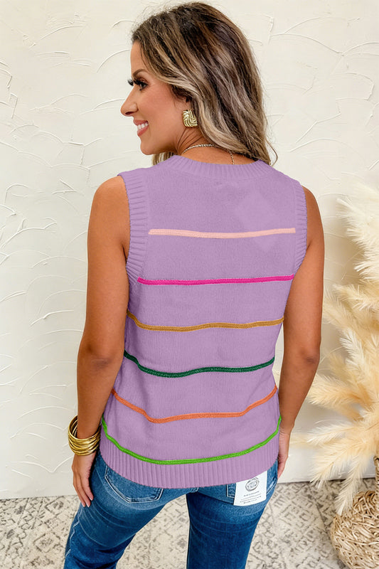 Purple Stripe Round Neck Knitted Sweater Tank