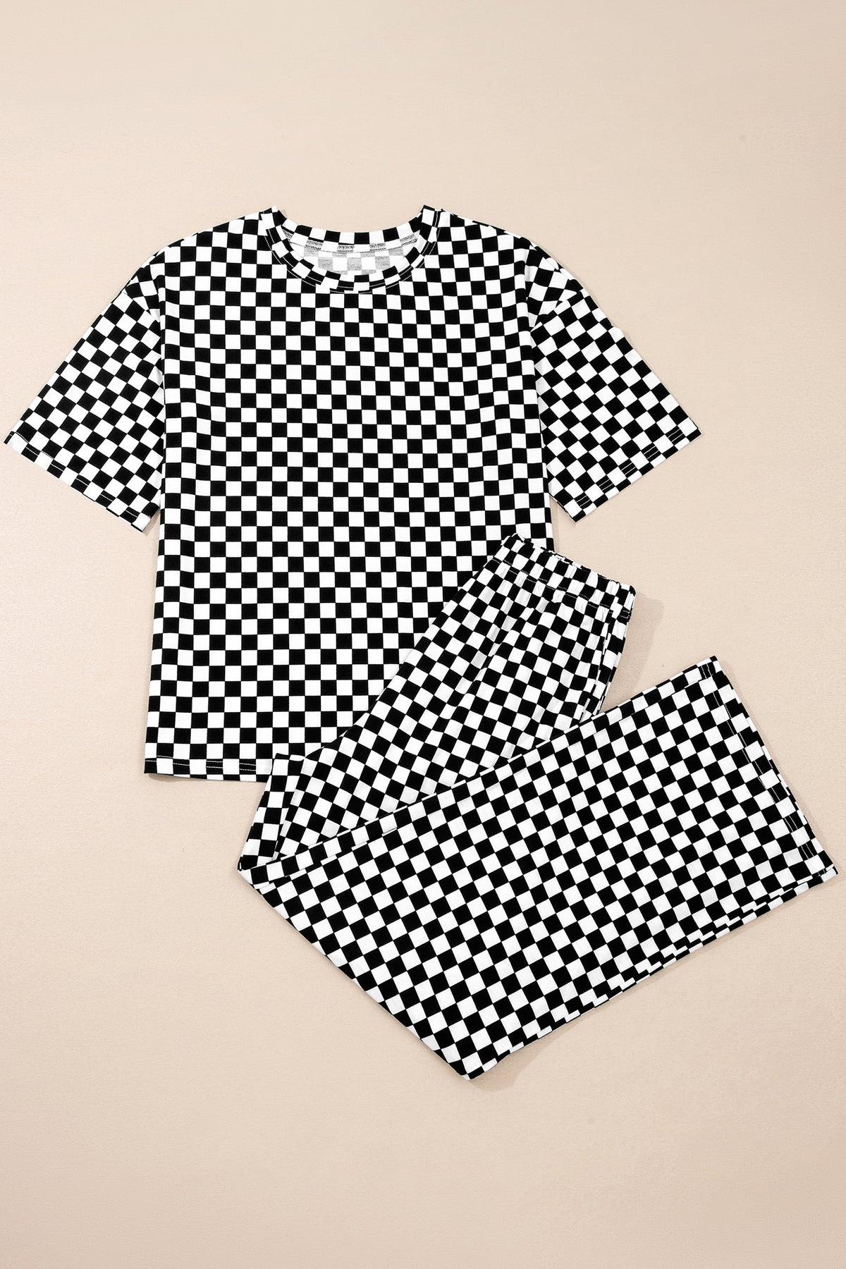 Black Checkered Print Half Sleeve Tee 2pcs Lounge Pant Set