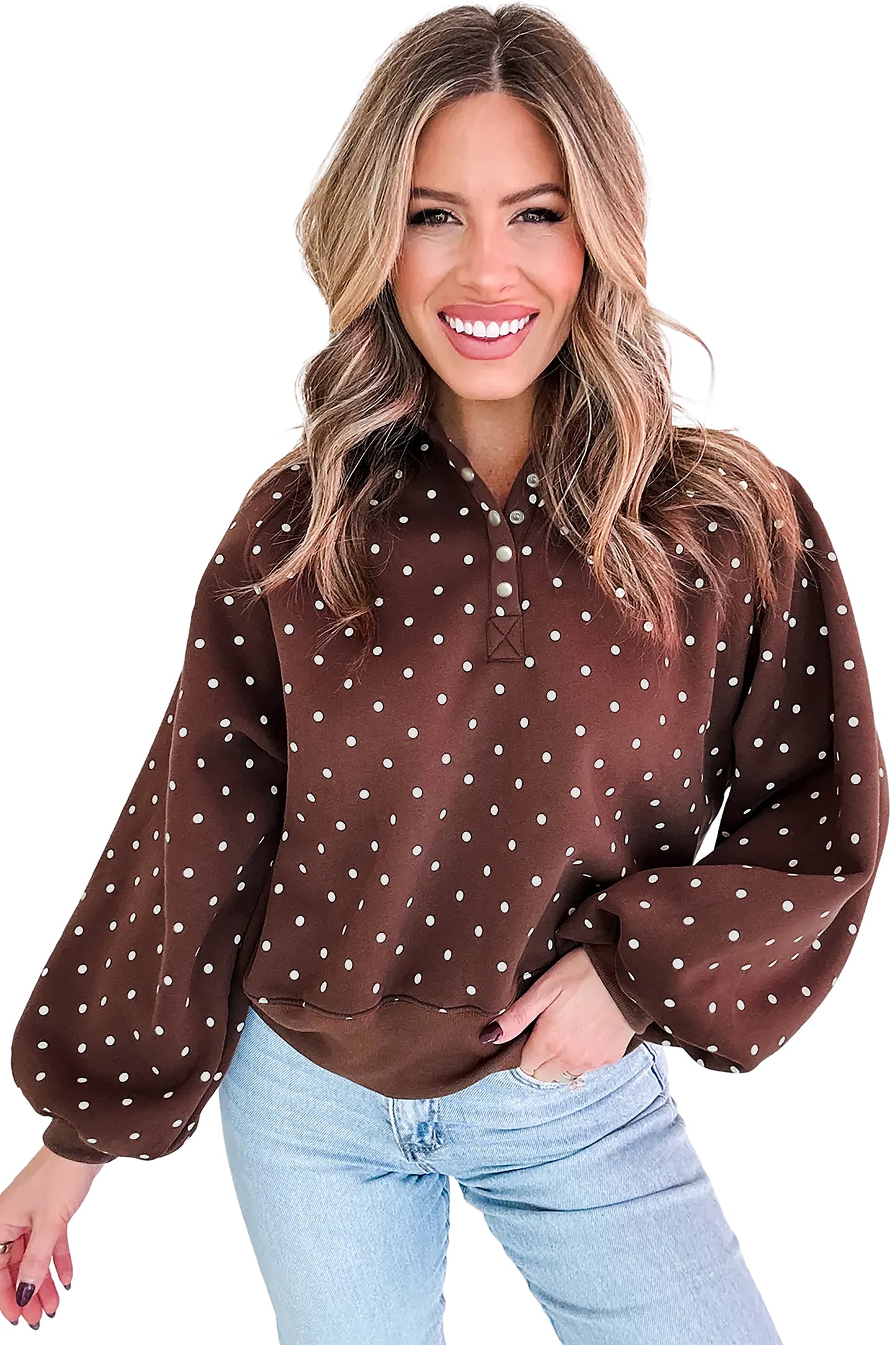 Brown Polka Dot Print Metal Button Collar Casual Pullover Sweatshirt