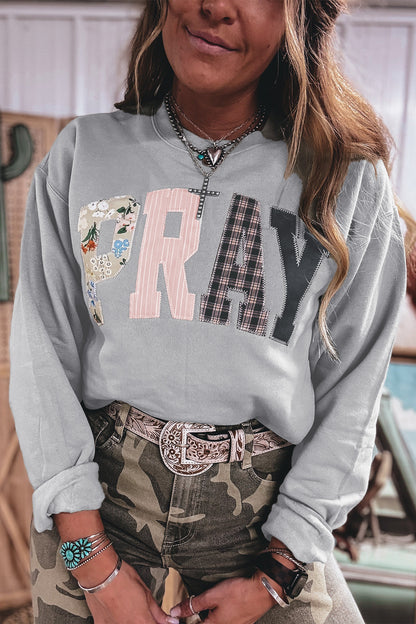 Gray Floral Buffalo Plaid Striped Embroidered Patch Western Pullover Sweatshirt