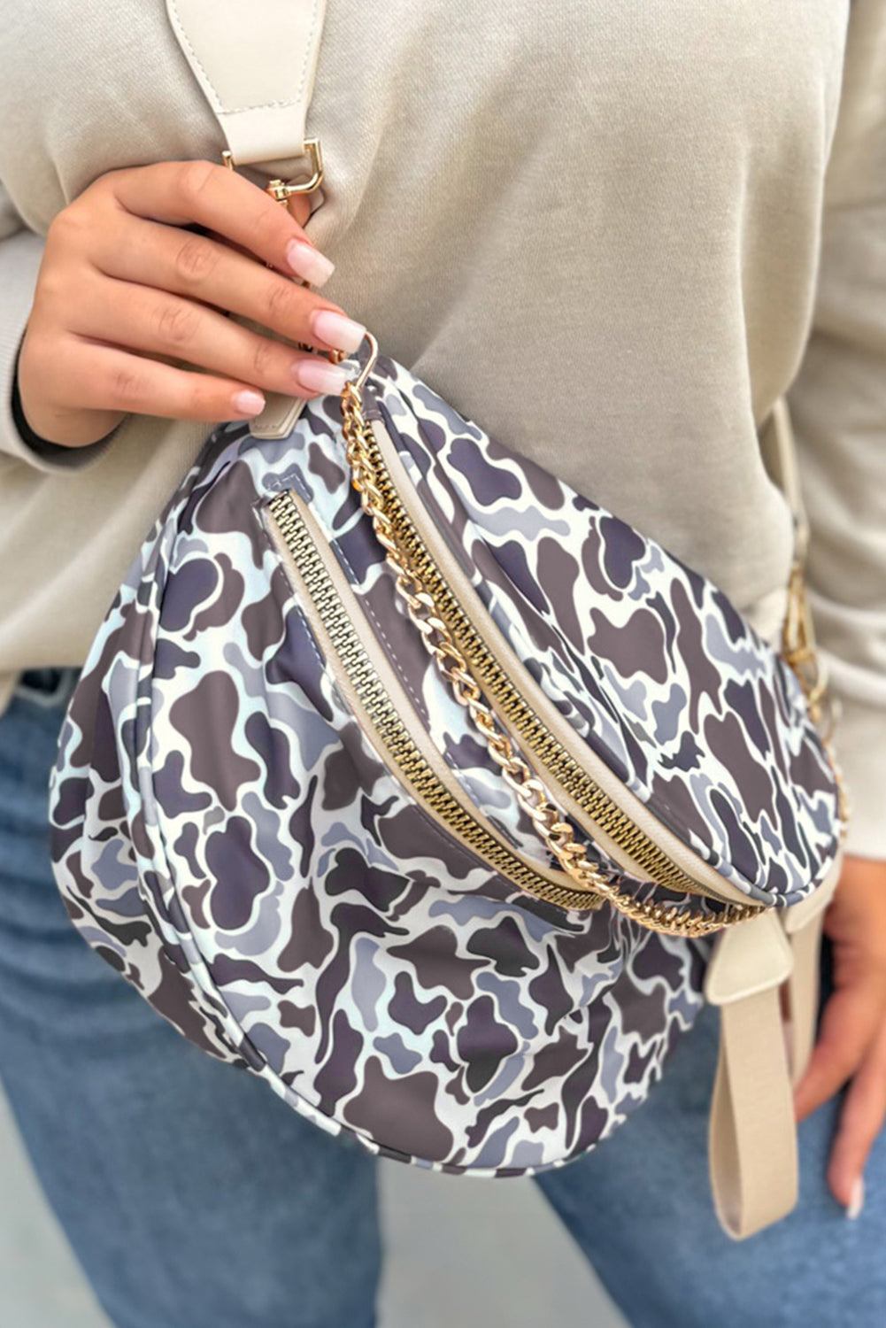White Abstract/ Camouflage/ Polka Dot/ Leopard Print Double Zip Fashion Crossbody Bag