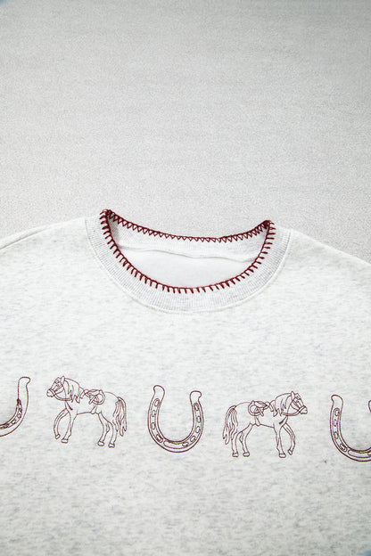 Light Grey Western Print Embroidered Casual Sweatshirt