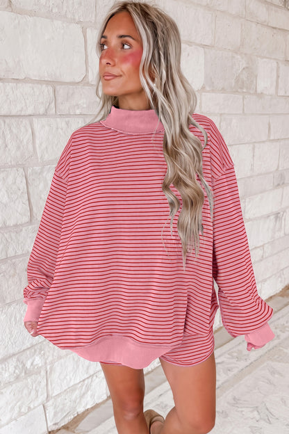 Pink Stripe Ribbed Patchwork Mock Neck Baggy Pullover Matching Shorts Set
