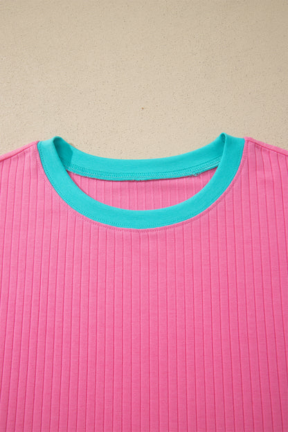 Sachet Pink Soft Ribbed Color Block Trim Casual Short Set