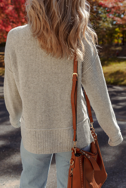 Gray Morn Waffle Texture Knit Ribbed High Neck Drop Shoulder Sweater