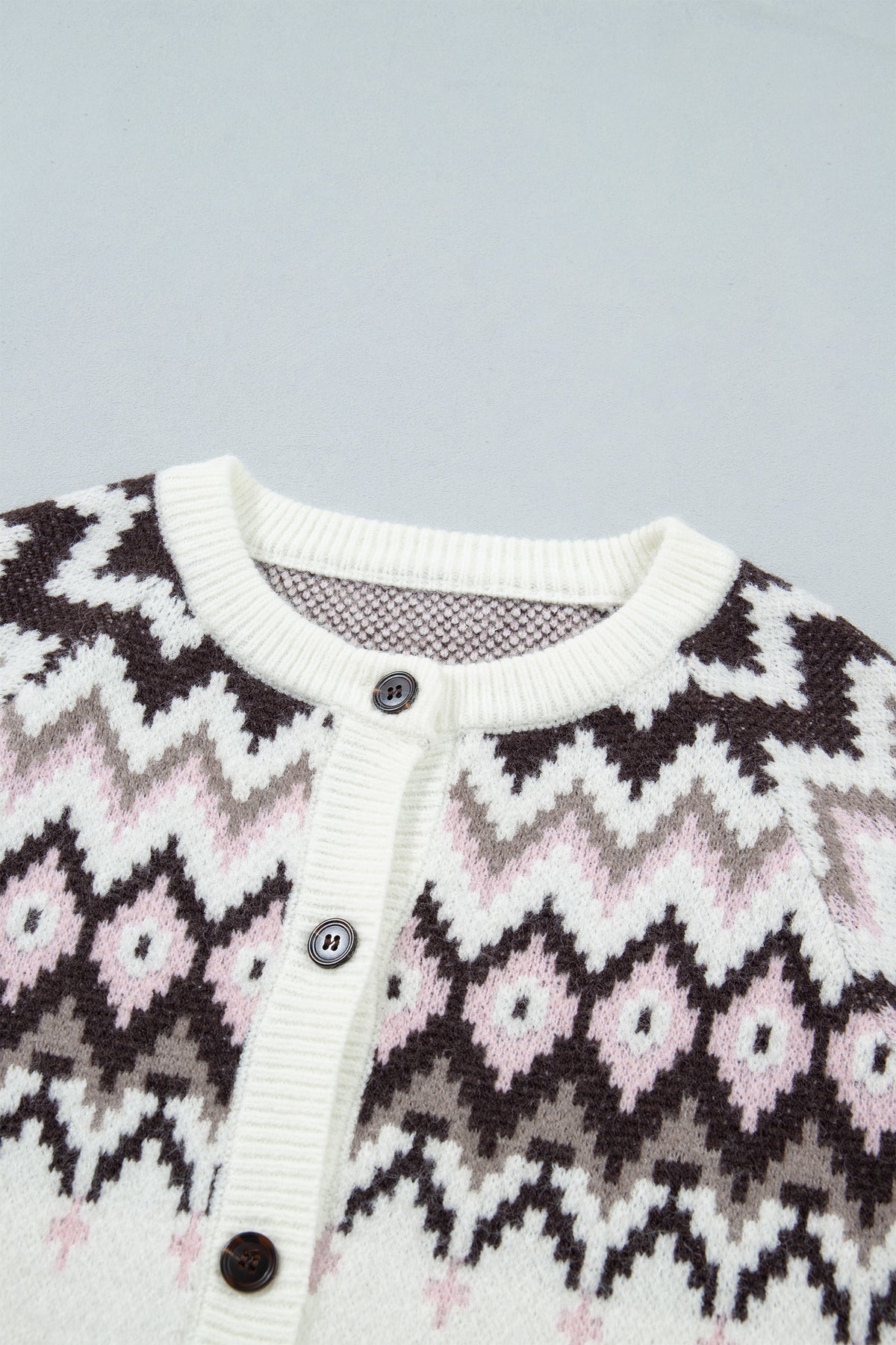 White Geometric Pattern Brushed Knit Button Cardigan