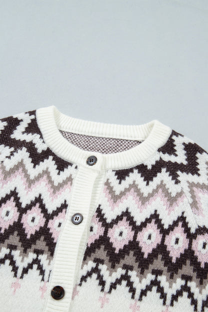 White Geometric Pattern Brushed Knit Button Cardigan