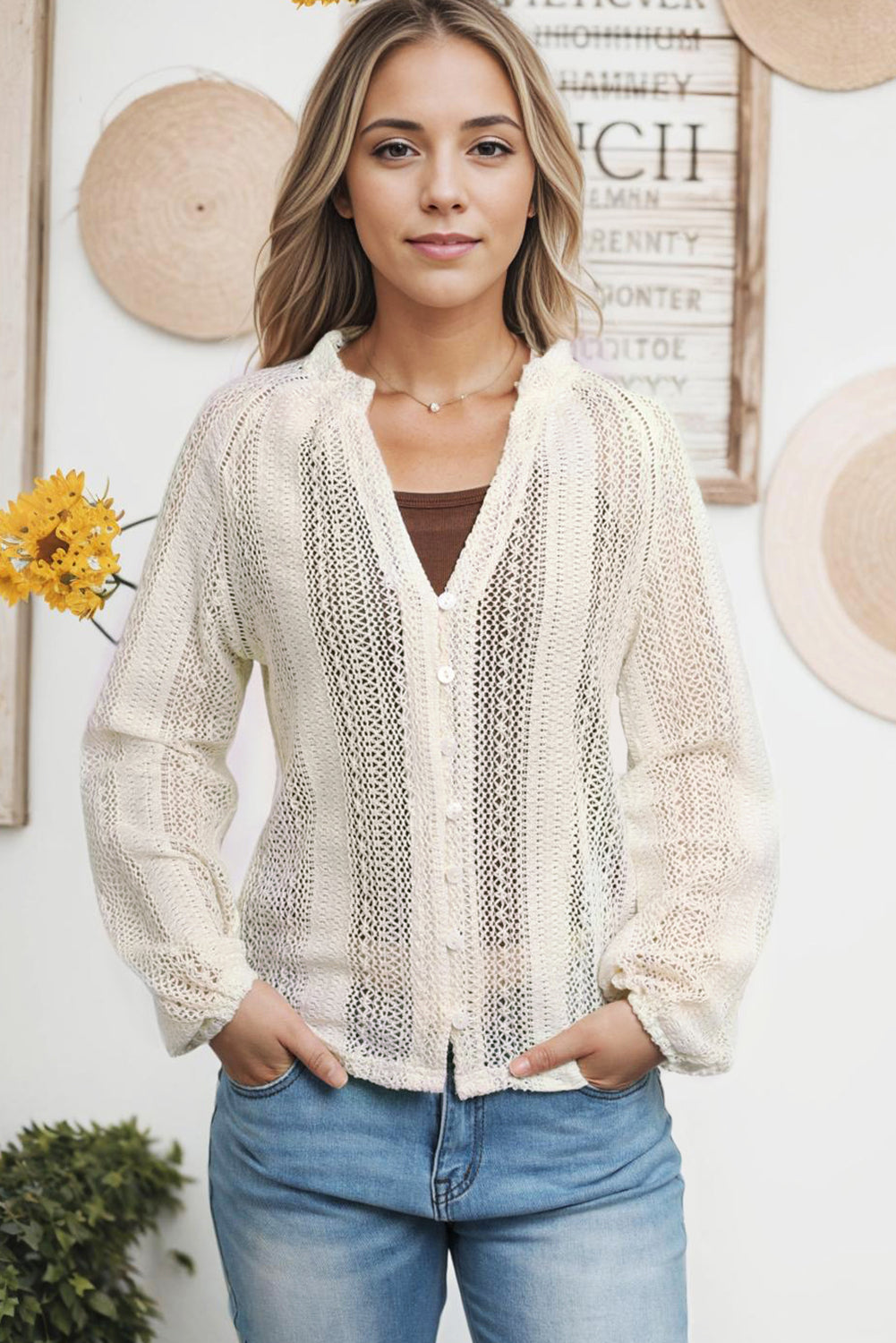 Black V-Neck Long Sleeve Button Up Lace Shirt