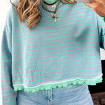 Green Stripe Exposed Seam Contrast Ribbed Trim Oversize Sweatshirt