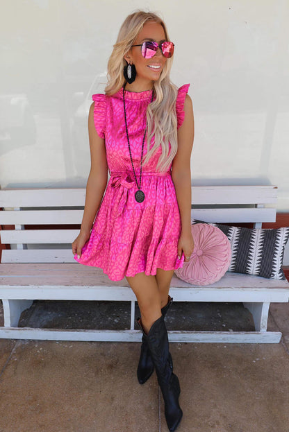 Vestido sin mangas con volantes y cintura anudada de leopardo de satén