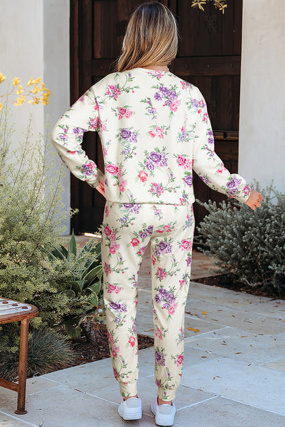 Apricot Floral Print Pullover Drawstring Lounge Pants Set