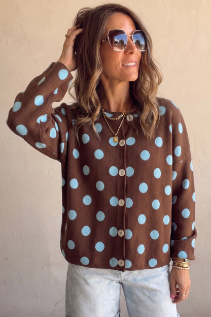 Brown Polka Dot Button Down Dropped Shoulder Shift Cardigan