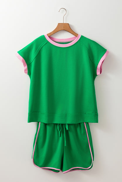 Ensemble t-shirt ras du cou et short texturés bicolores vert vif