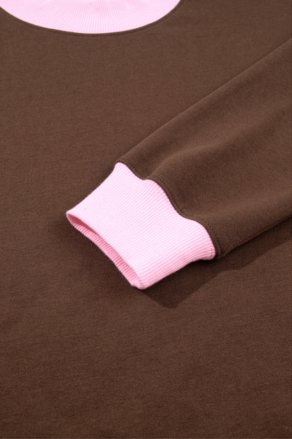 Coffee Colorblock Trim Crewneck Long Sleeve Pullover Sweatshirt