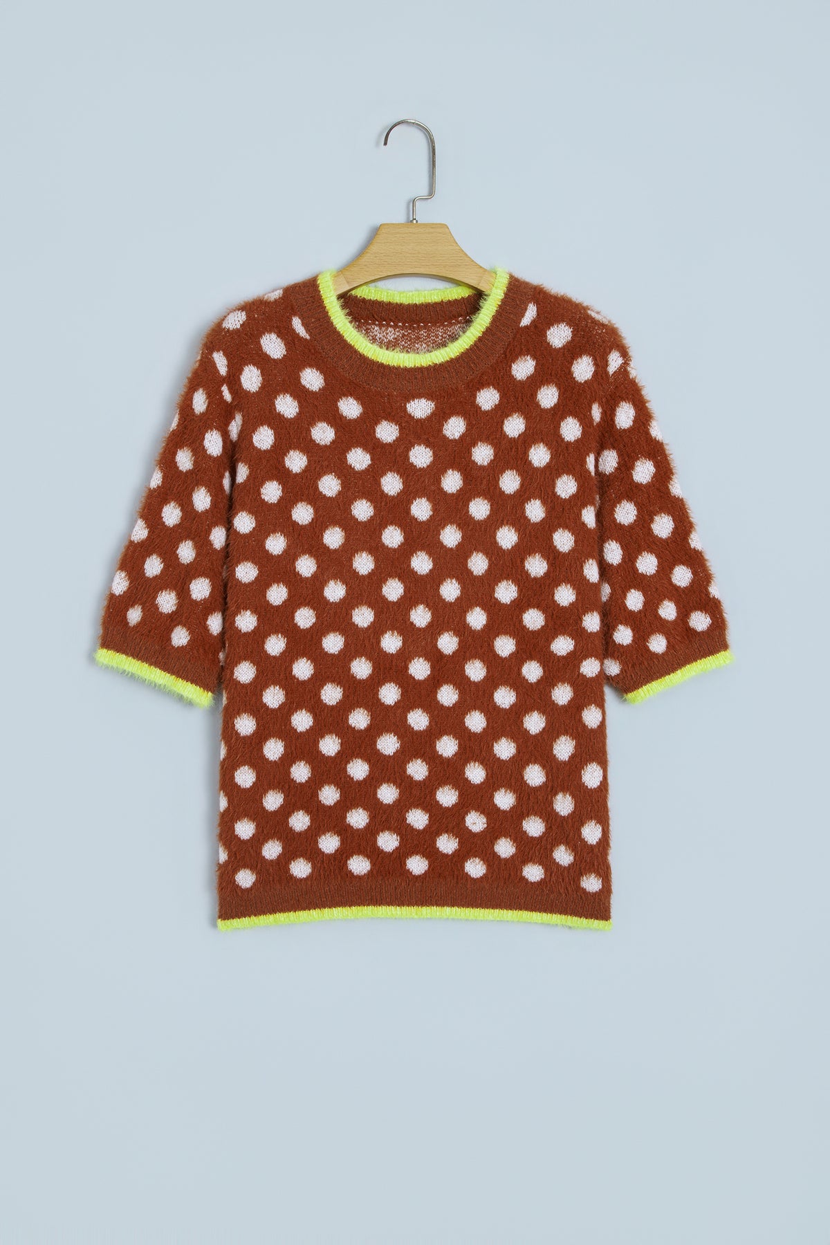 Coffee Polka Dot Contrast Trim Round Neck Half Sleeve Sweater