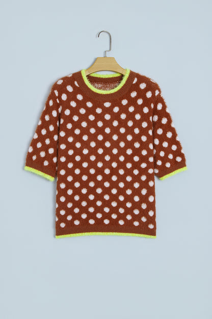 Coffee Polka Dot Contrast Trim Round Neck Half Sleeve Sweater