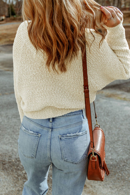 Apricot Cropped V Neck Fuzzy Sweater